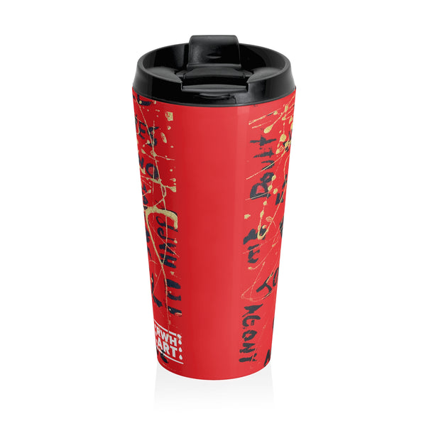 Travel Mug — Red 'Love Conquers All' Stainless Steel Tumbler