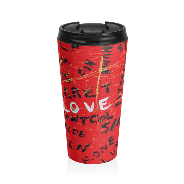 Travel Mug — Red 'Love Conquers All' Stainless Steel Tumbler